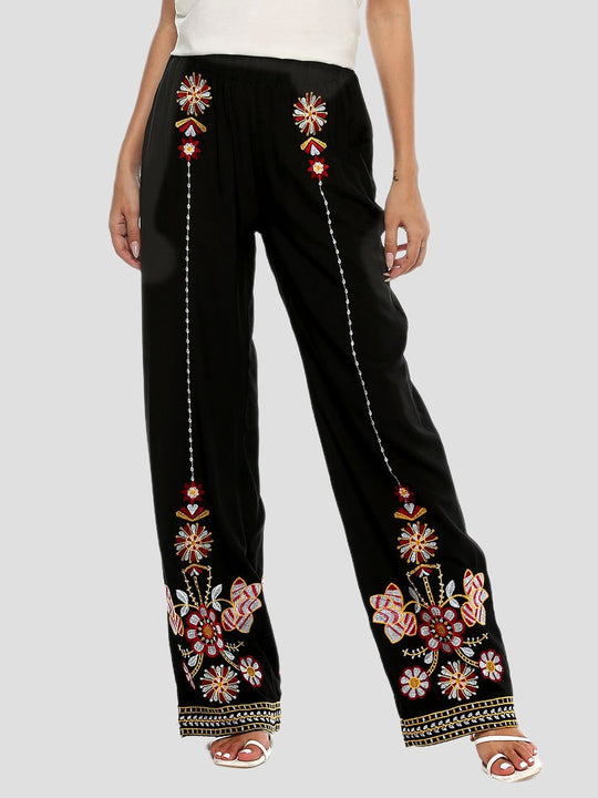 Elegant Embroidered Elastic Waist Loose Fit Straight-leg Pants