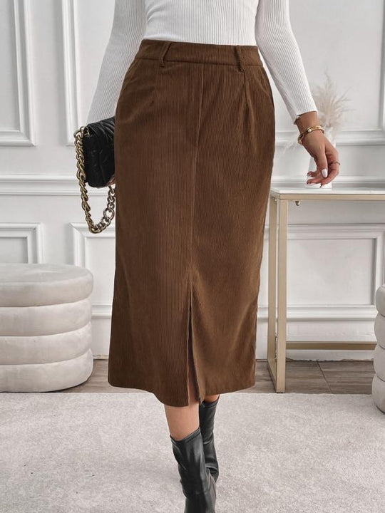 Elegant High Waist Corduroy Mid-length Skirt