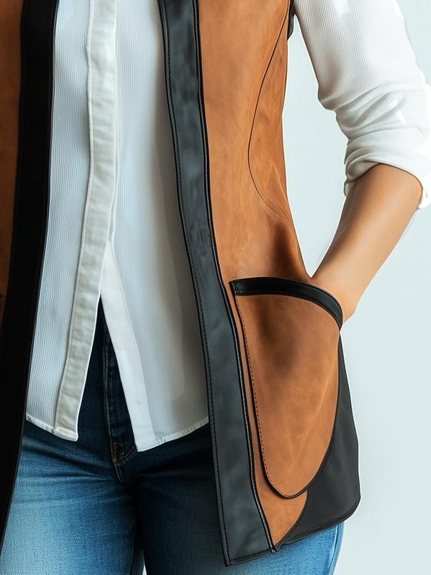 Stylish Color Patchwork Side Pockets Leather Waistcoat