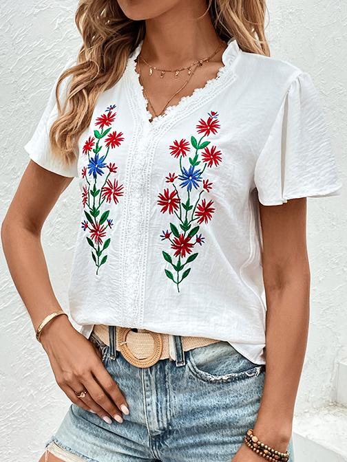 Elegant V-neck Ruffled Sleeve Embroidered Blouse