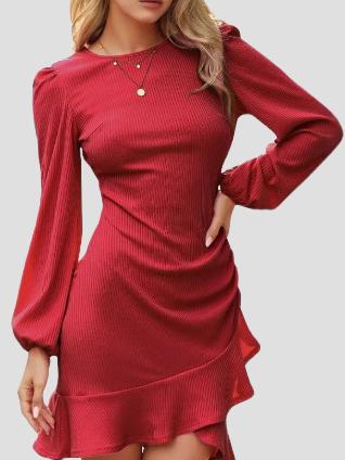 Elegant Ruffle Trim Puff Sleeve Ribbed Bodycon Dress