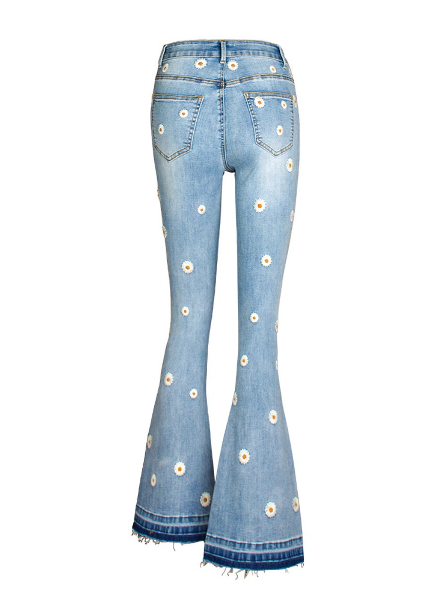 Chic Daisy Embroidered Slim-fit Flared Jeans