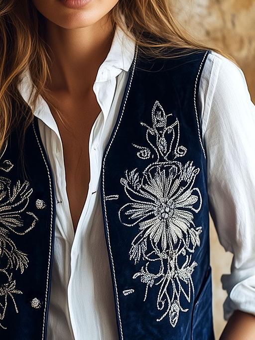 Retro Silver Embroidery Side Pockets Suede Waistcoat