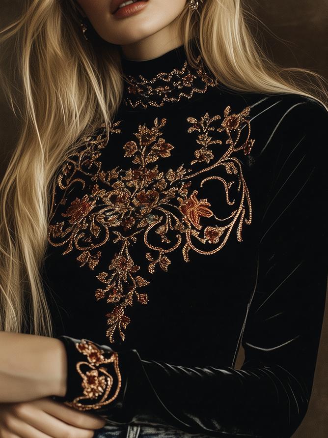 Elegant Turtle Neck Embroidery Velvet Long Sleeves Top