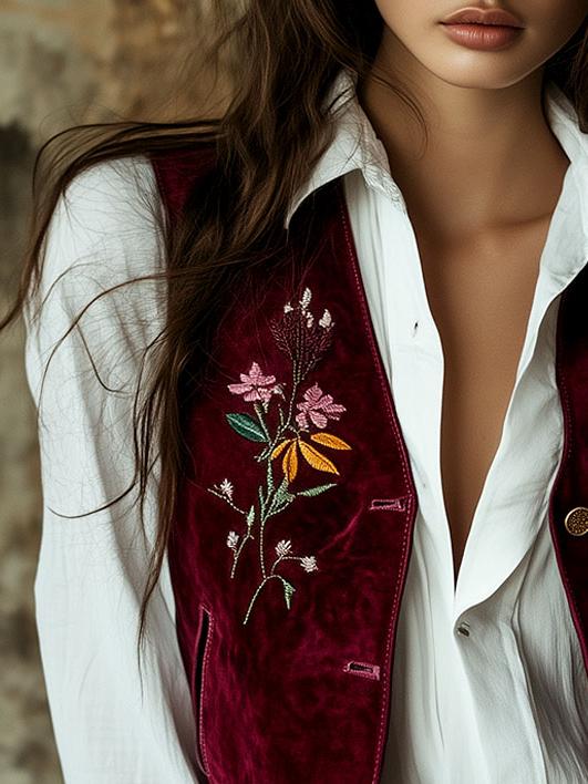 Retro Asymmetric Embroidery Side Pocket Suede Vest