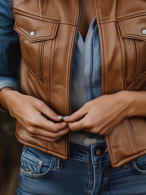 Classic Lapel Zipper-up Pockets Leather Waistcoat