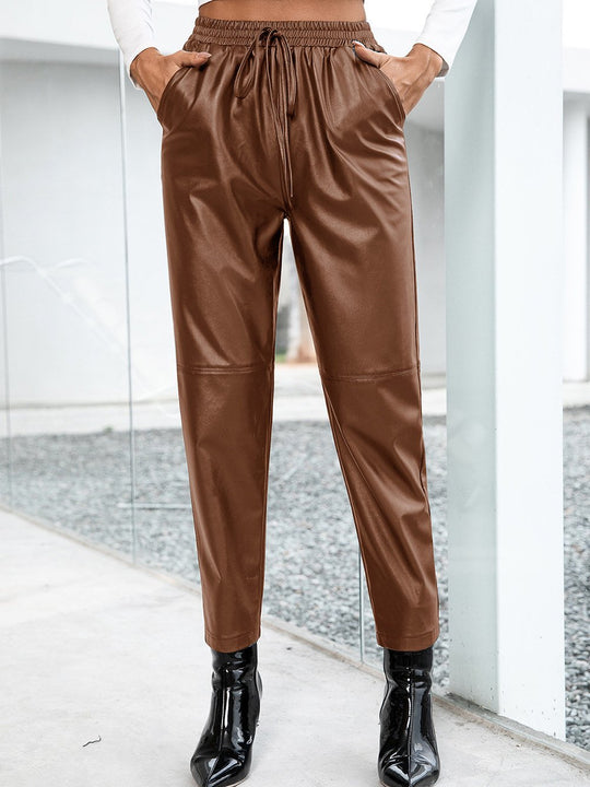 Chic Drawstring High-waisted Motorcycle Leather Pants