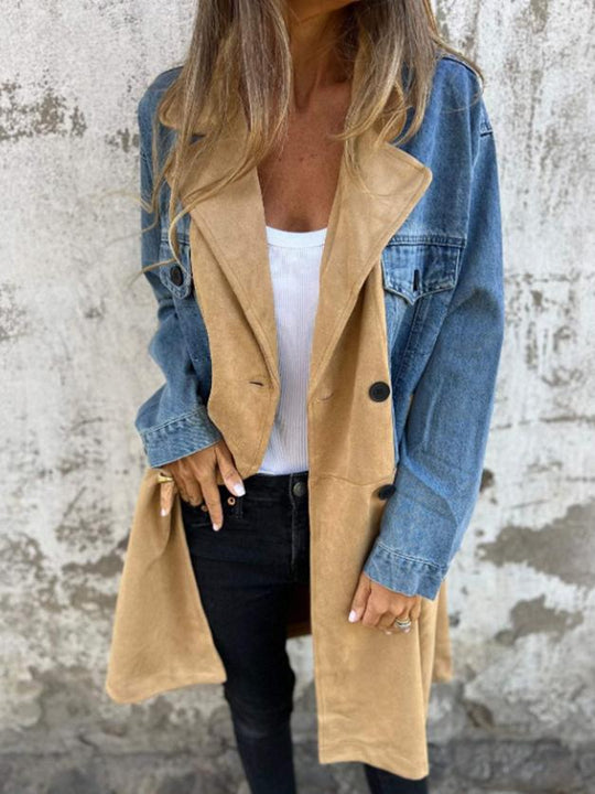 Stylish Suit Collar Denim Patchwork Suede Trench Coat