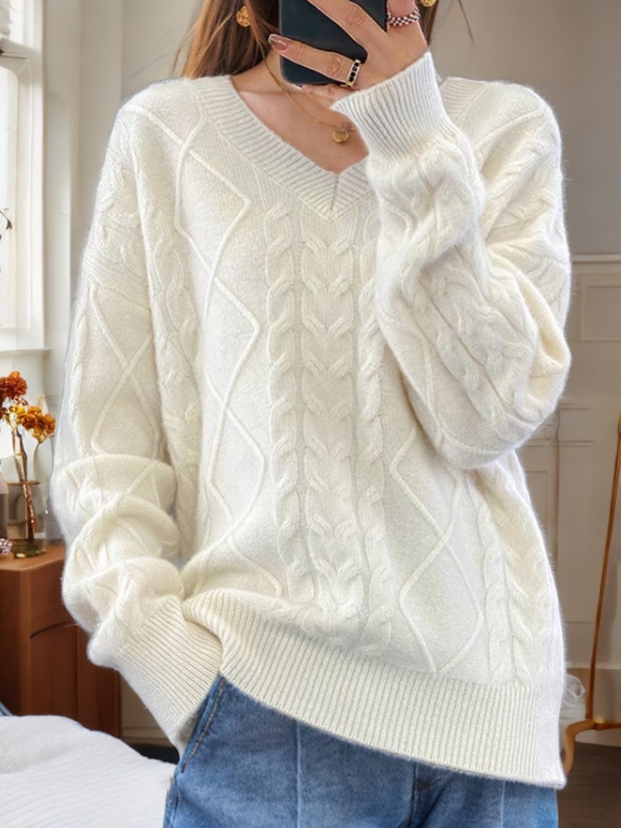 Long Sleeve Jacquard V-Neck Knitted Sweater