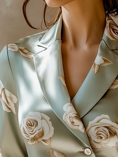 Elegant Lapel Rose Pattern Side Button Down Satin Shirt