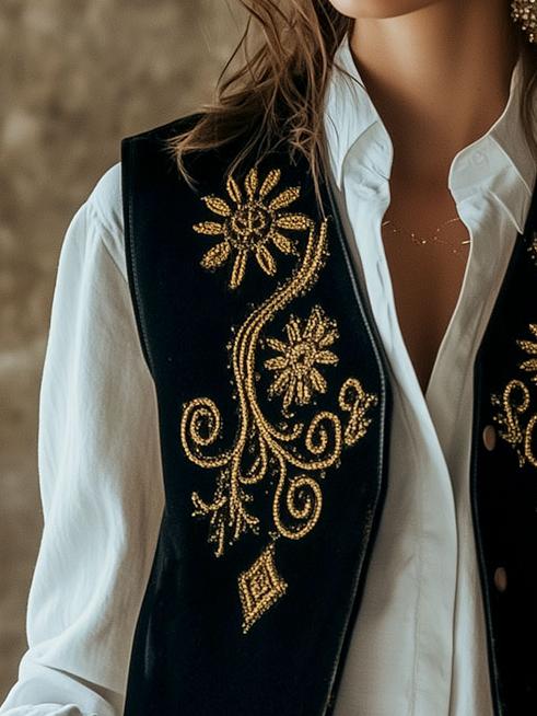 Retro Golden Sunflower Embroidery Suede Waistcoat