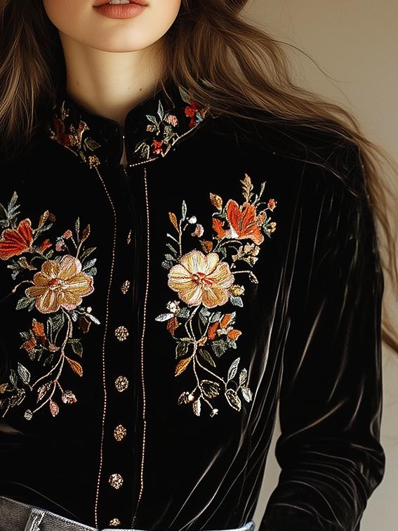 Boho Embroidery Stand Collar Single-breasted Velvet Shirt