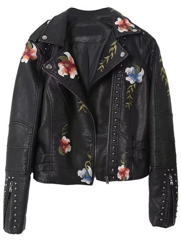 Stylish Elegant Embroidered Rivet Leather Jacket