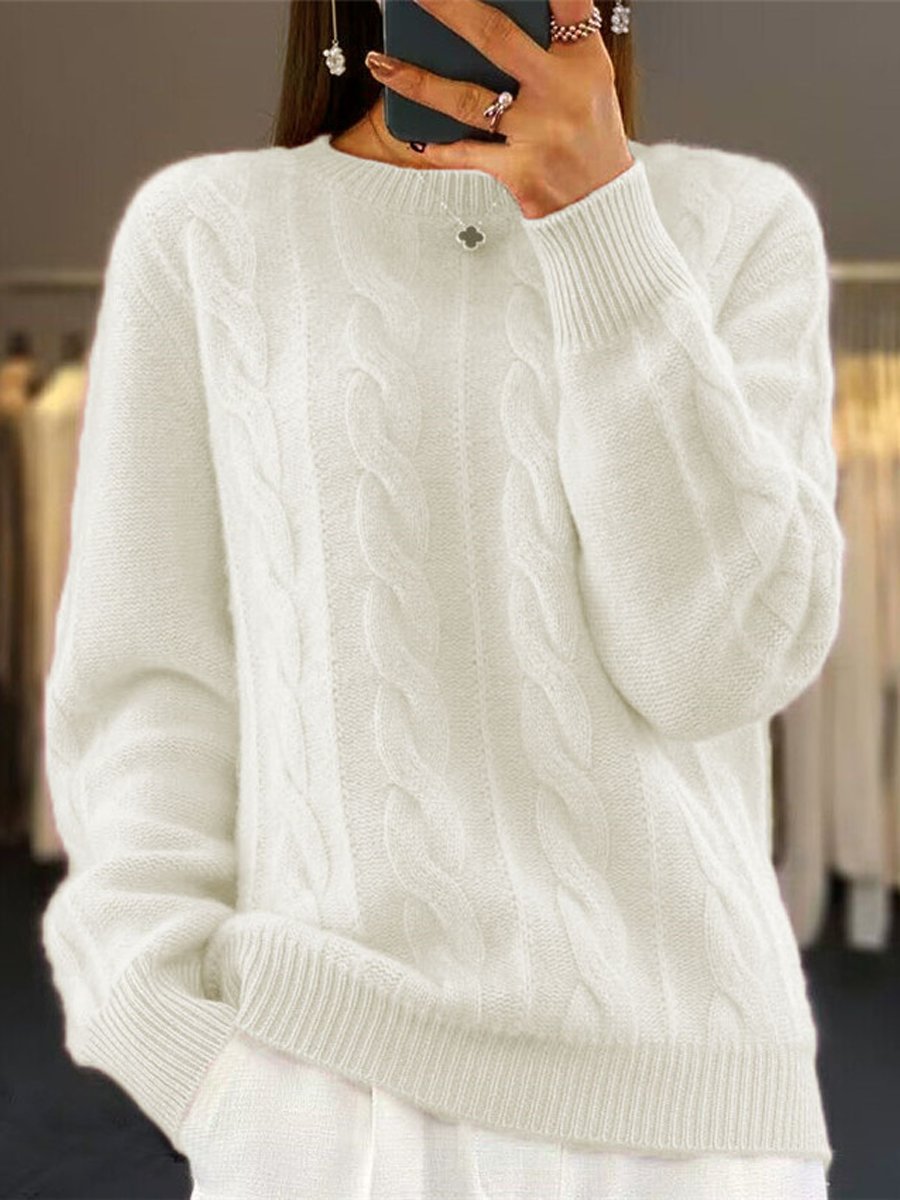 Crew Neck Solid Color Cable Knit Sweater