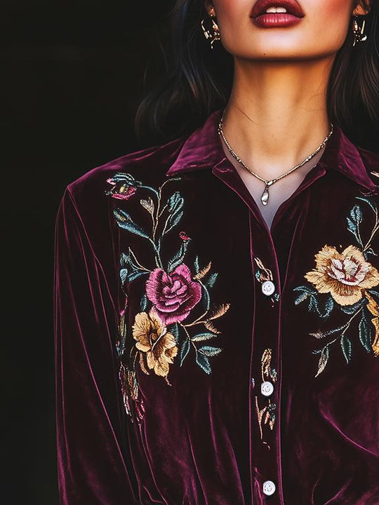 Retro Lapel Flower Embroidery Velvet Long Sleeve Shirt