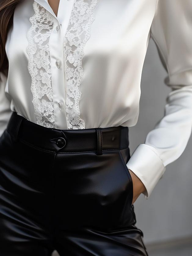 Elegant Lapel Lace Trim Long Sleeve Satin Shirt