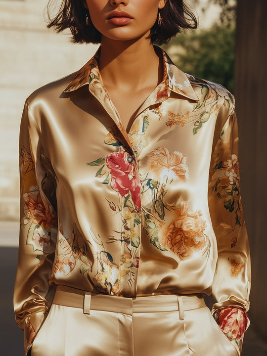 Golden Bloom Satin Floral Blouse