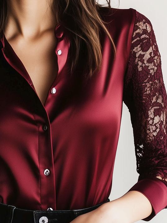 Elegant Lace Patchwork Long Sleeve Satin Shirt