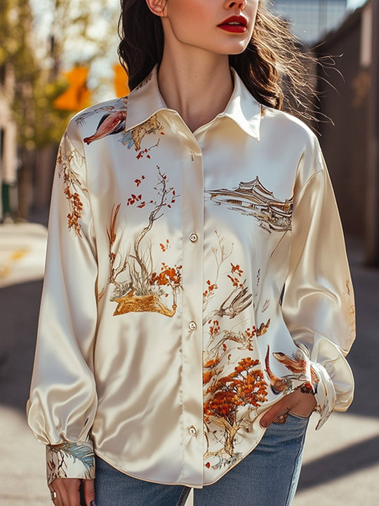 Ivory Silk Nature-Inspired Printed Blouse