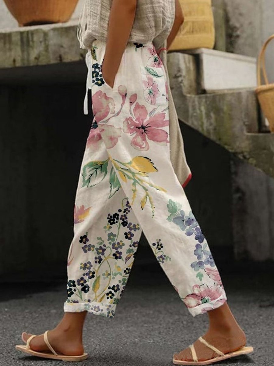 Printed Cotton Linen Casual Pants