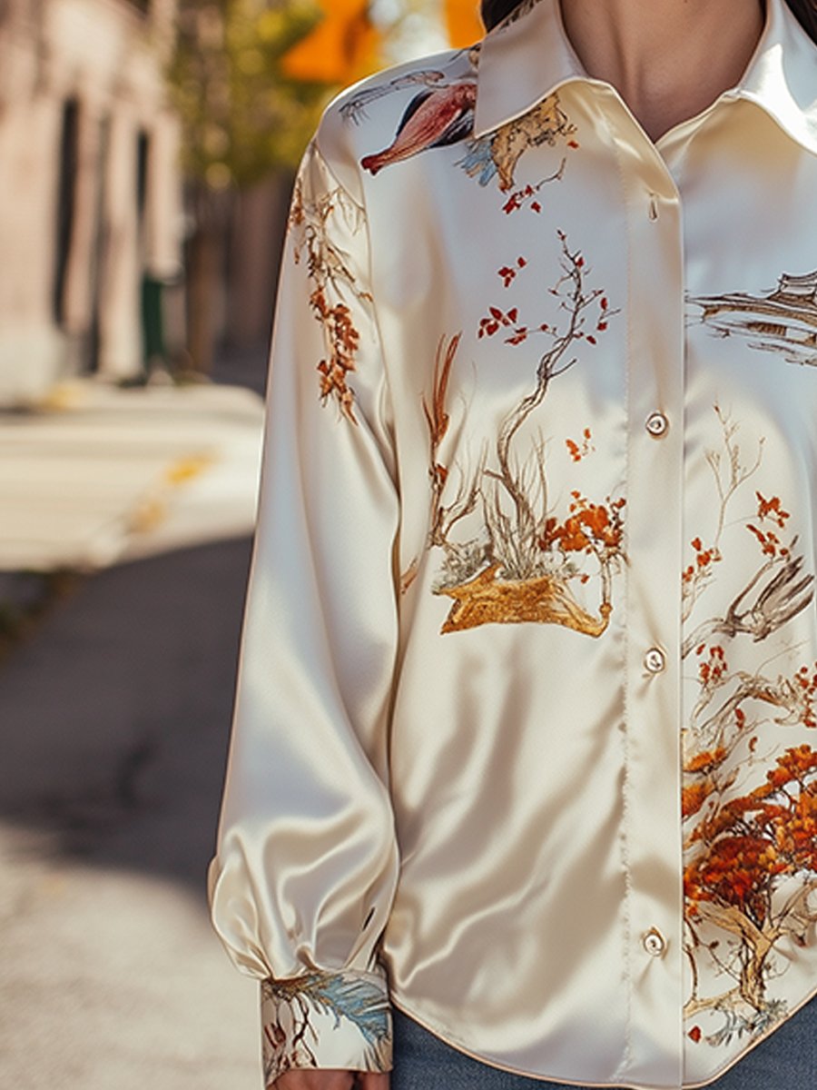 Ivory Silk Nature-Inspired Printed Blouse