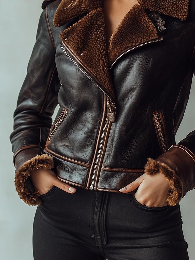 Retro Lamb Wool Linned Zipper Leather Jacket