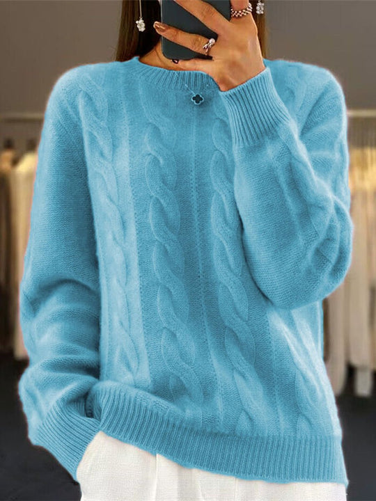 Crew Neck Solid Color Cable Knit Sweater