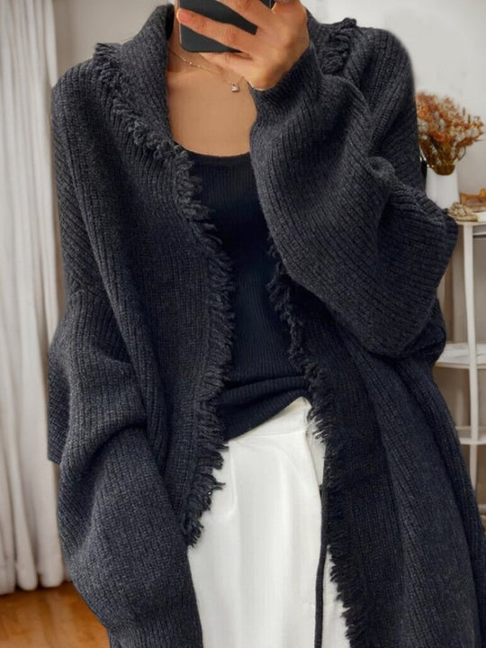 Stylish Loose Solid Color Frayed Knit Cardigan Coat