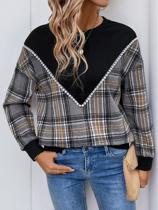 Vintage Lace Trim Plaid Patchwork Sweatshirt