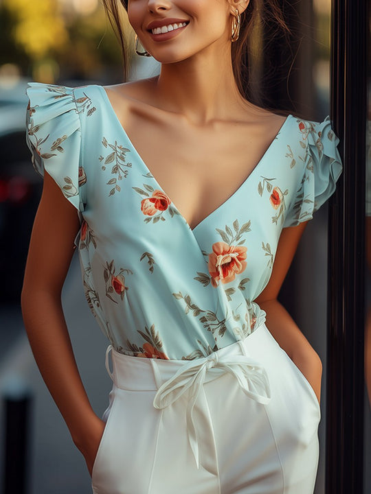 Blooming Elegance Floral Ruffle Sleeve Blouse