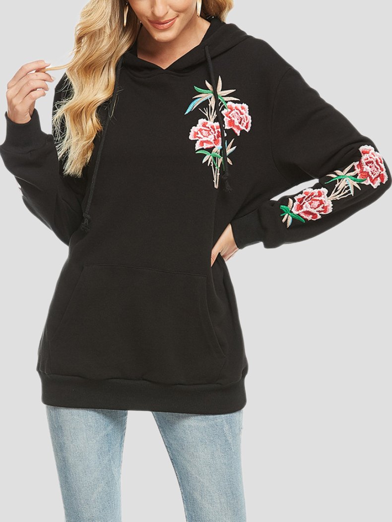 Elegant Floral Embroidered Mid-length Hoodie