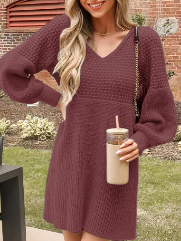 V-neck Lantern Sleeve Jacquard Knitted Sweater Dress