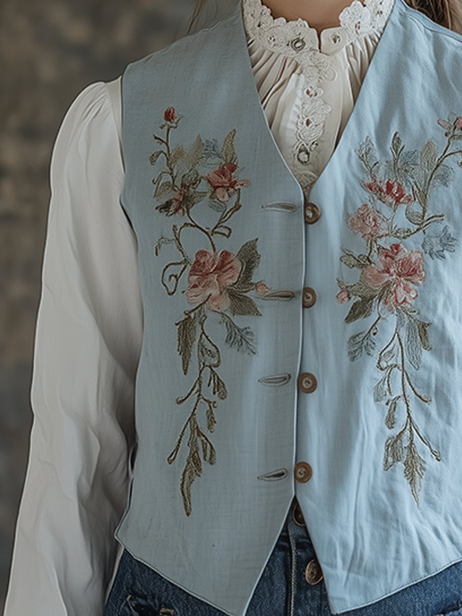 Romantic Charm Pastel Blue Embroidered Floral Vest