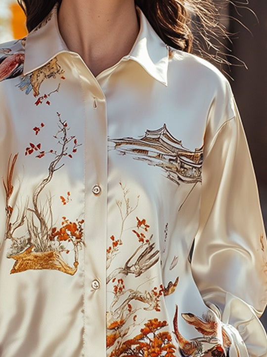 Ivory Silk Nature-Inspired Printed Blouse