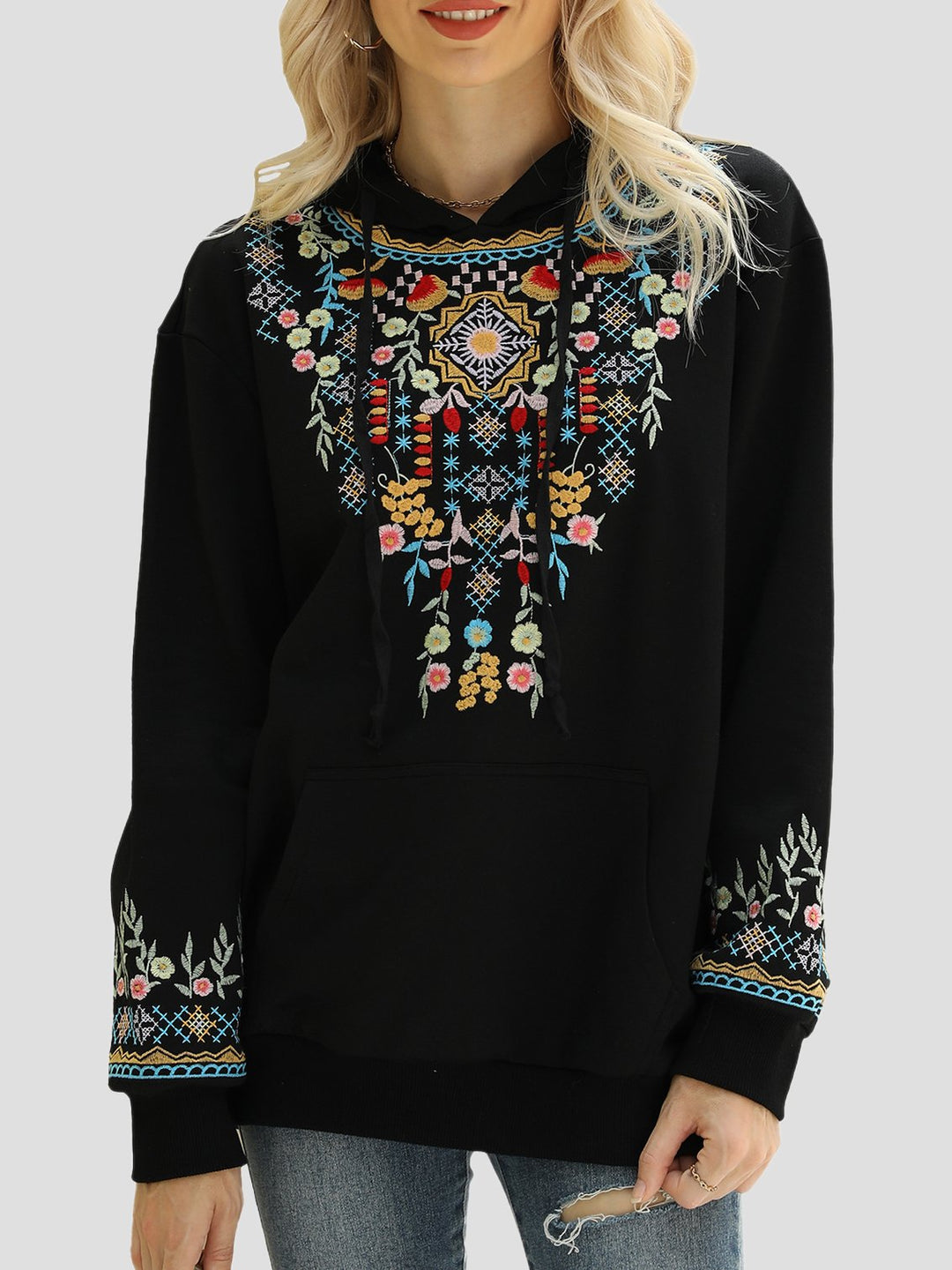 Stylish Ethnic Embroidered Loose-fitting Hoodie