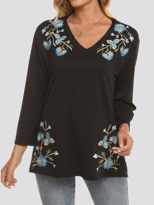 Elegant Embroidery V-neck Long Sleeves Loose-fitting Pullover