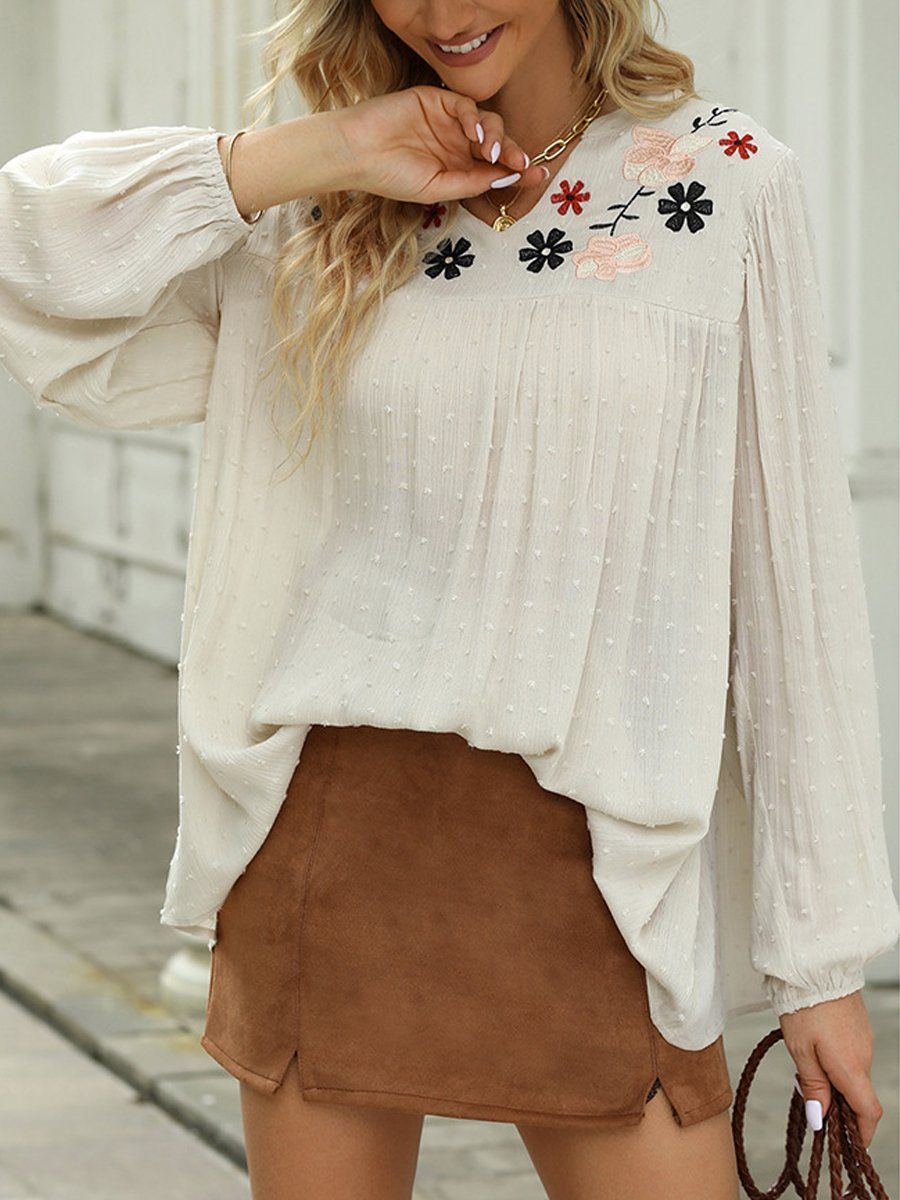 Ethnic Floral Embroidered Loose Long-Sleeved Blouse