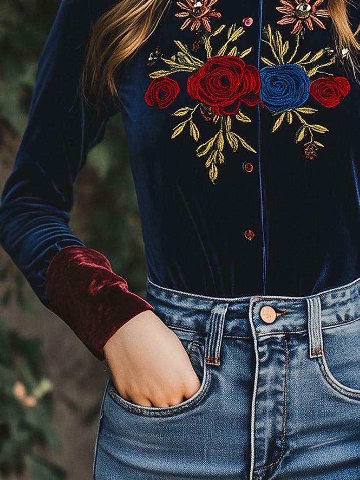 Chic Constract Trim Floral Embroidery Velvet Shirt