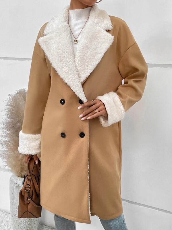 Stylish Fur Trim Button Down Woolen Trench Coat