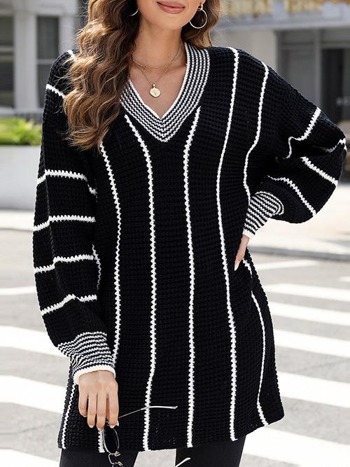 Stylish V-neck Mid-length Knit Striped Loose Sweater