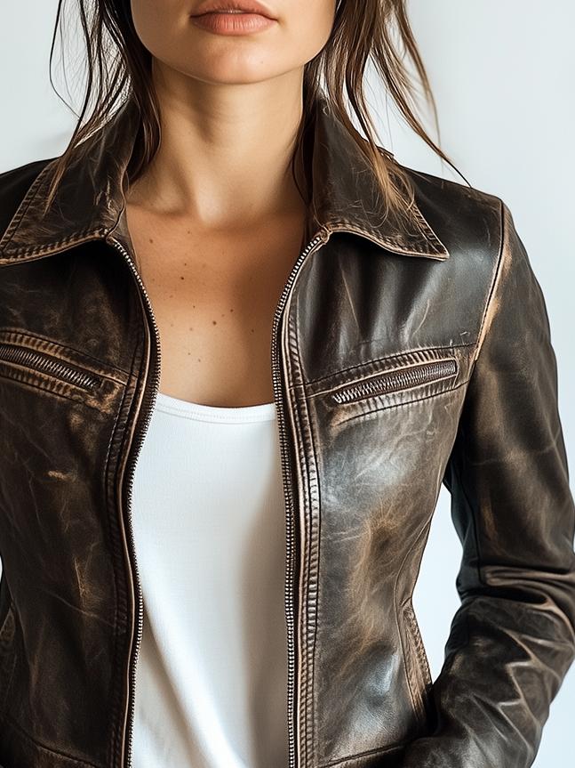 Retro Lapel Multiple-pocket Zipper Leather Biker Jacket