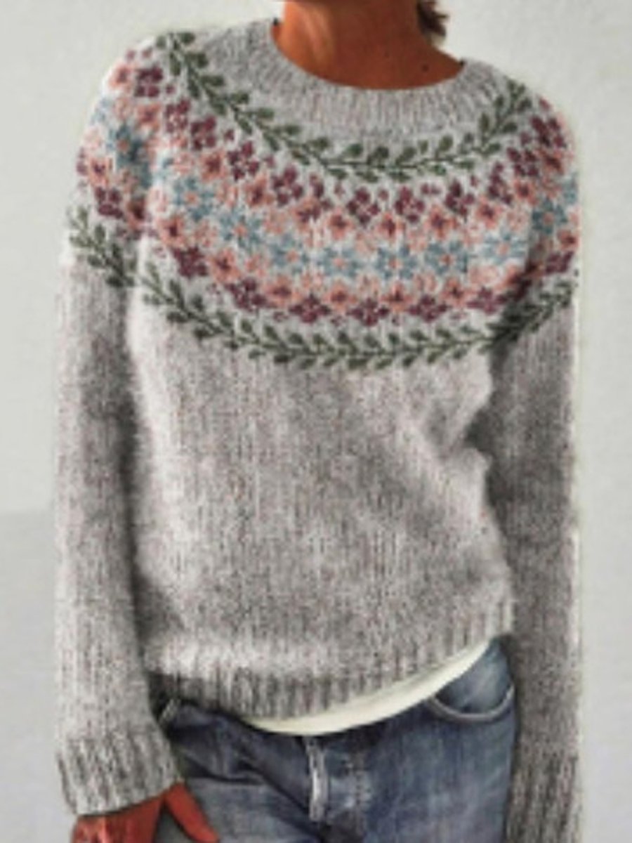 Ethnic Style Round Neck Color Block Sweater