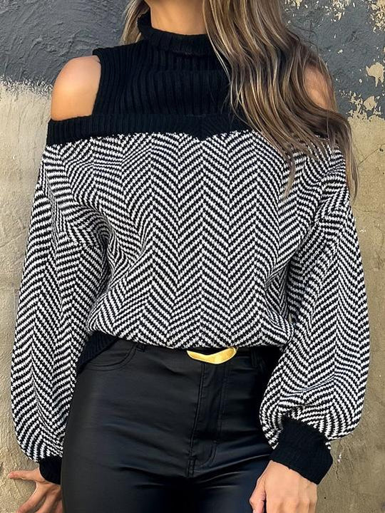 Elegant Off-shoulder Striped Knitted Sweater