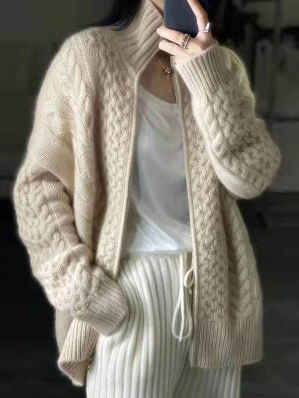 Sytlish Thick Turtleneck Zipper Cable Knit Cashmere Cardigan