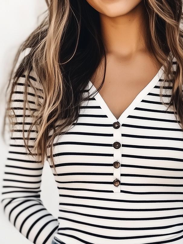 Classic Black and White Stripe Pattern Henley T-shirt