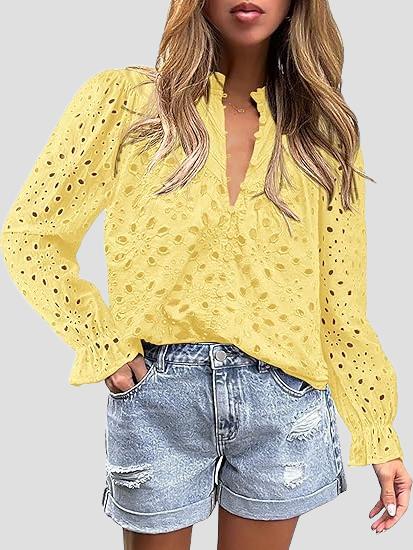 Elegant Half-open Hollow-out Lace Puff Sleeves Blouse