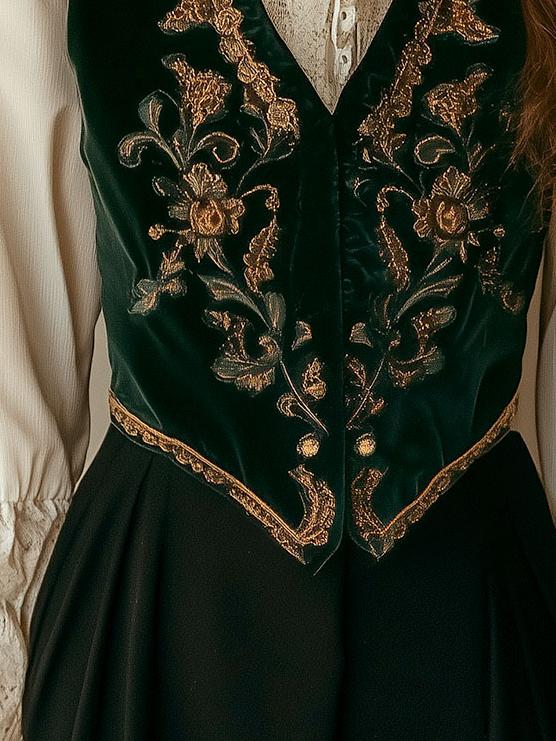 Retro V-neck Flower Embroidery Velvet Waistcoat