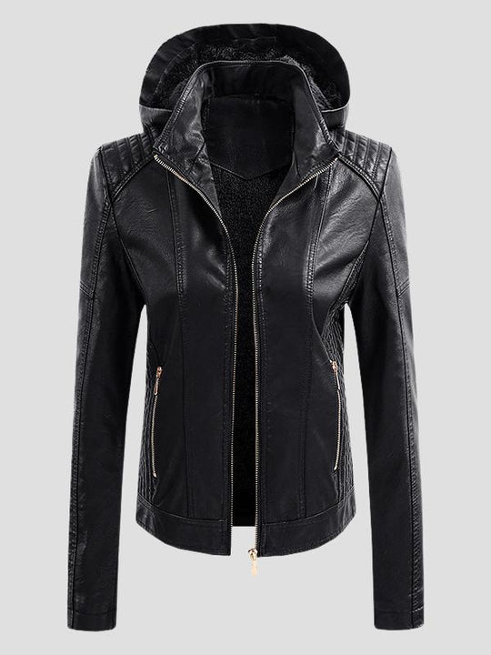 Stylish Warm Lined Detachable Hood Pockets Leather Jacket