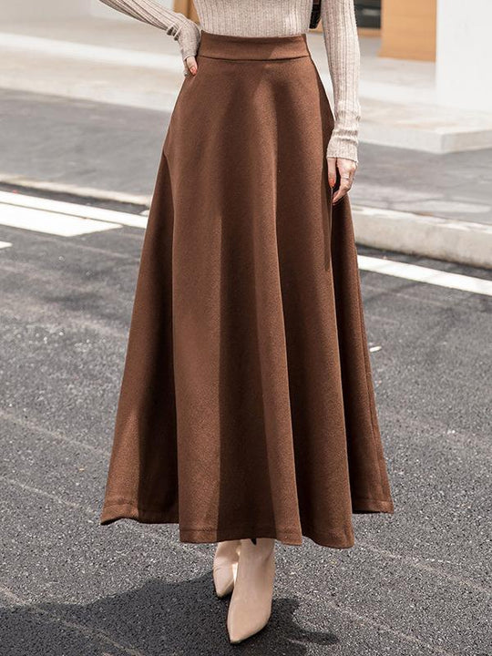 Elegant Elastic Waist Solid Color Wool Blend Long Skirt