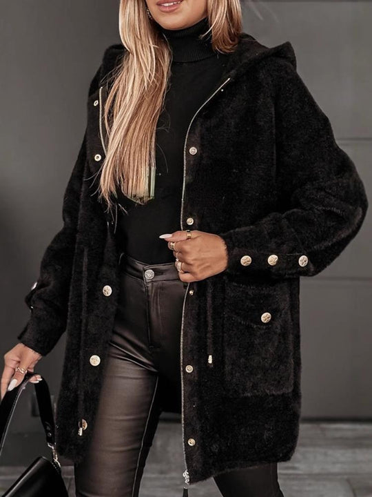 Stylish Metal Button Pockets Hooded Short Fur Coat